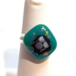 Artisan Handmade Dichroic glass turquois ring  adjustable silver plated